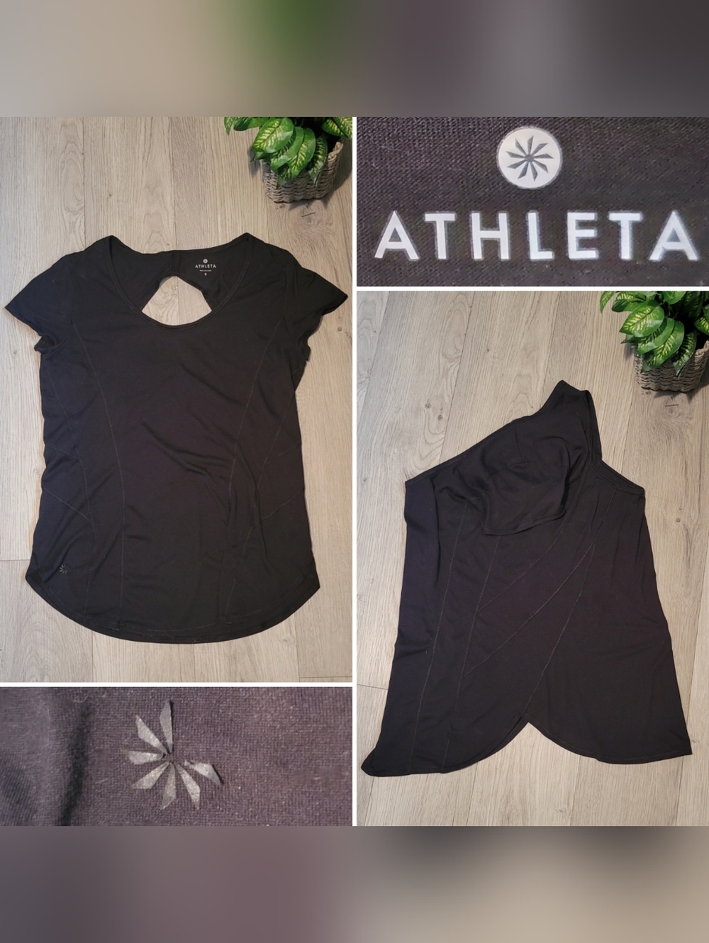 Athleta Black Keyhole Open Back Short Sleeve Athletic Top, Women Small